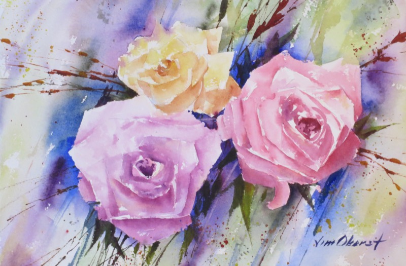 floral, still life, rose, roses, flower, pink, yellow, original watercolor painting, oberst